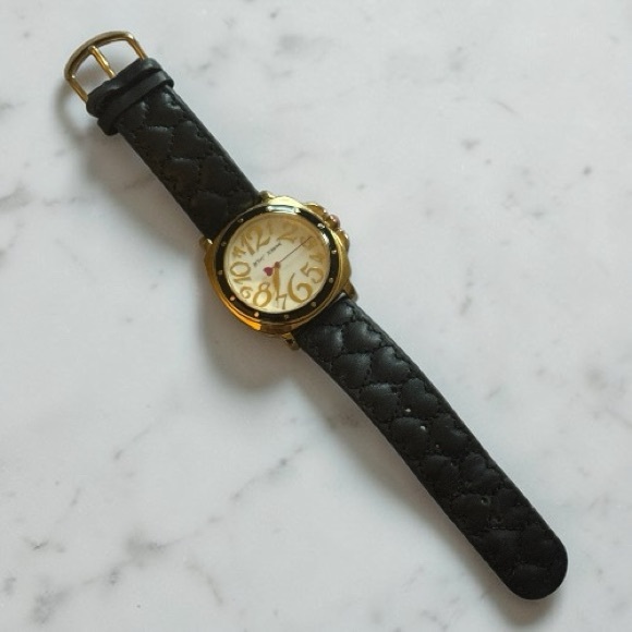 Betsey Johnson Accessories - Betsey Johnson Gold Black Signature Logo Leather Quilted Strap Quartz Watch